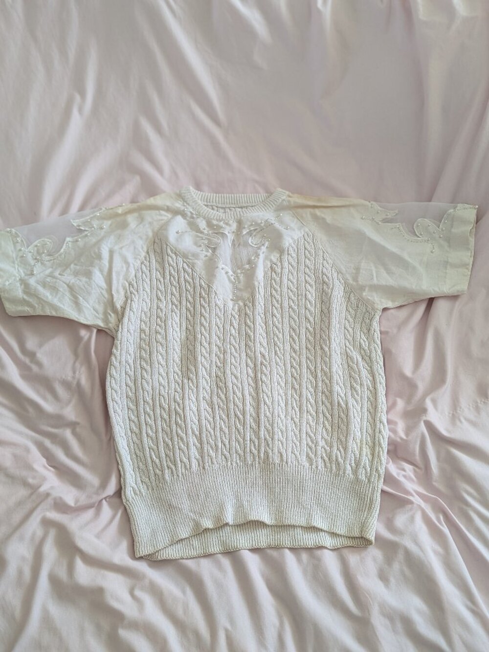 Vintage White Pearl Beaded Cable Knit Top
